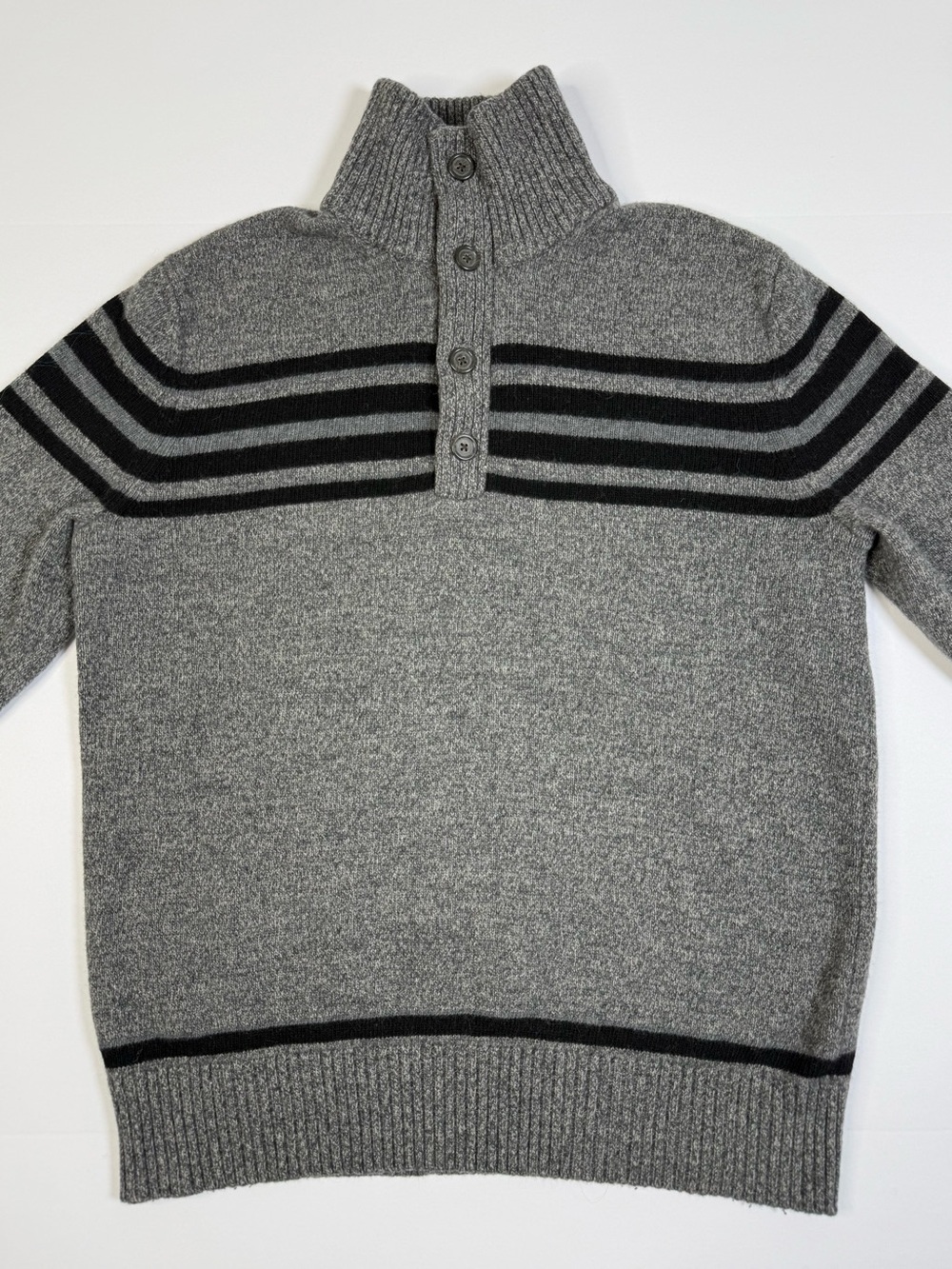 Banana Republic Merino Wool Button Mock Neck Sweater Gray Black Striped Medium